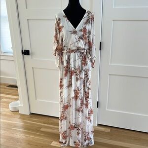 White and Pink Maxi Sundress with V-Neck and Bishop Sleeves